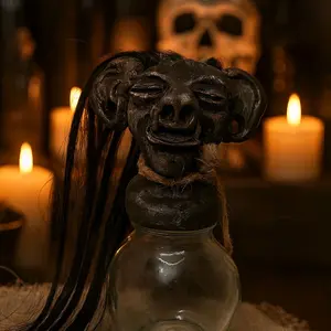 Cursed Relic Shrunken Head Stash Jar - Hand-Sculpted Polymer Clay with Glass Base & Removable Lid - 5" Tall Collectible for Witches & Collectors
