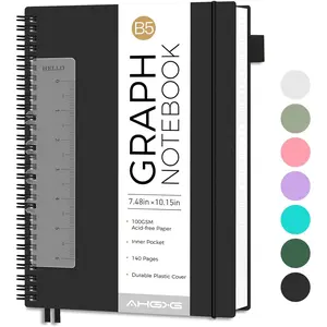 Graph Paper Notebook - Spiral Notebook Journal 7.6" x 10", B5 Large Graph Notebook, 140 Pages, 100 gsm Thick Grid Paper,  Plastic Cover, for School Writing Engineering, Black