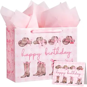 13" Large Pink Cowgirl Birthday Gift Bag with Card and Tissue Paper - Western Bow Happy Birthday Wrapping Paper Bags for Party Favors Decor Women Supplies