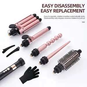 5-In-1 Curling Iron Set, 4 Interchangeable Curling Rods & 1 Brush, Instant Wave, Curl, Volume Effect, Perfect Gift, Us Plug, Use Vaoltage 100v-120v