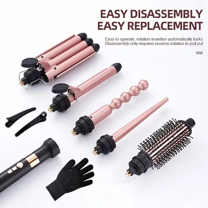 5-In-1 Curling Iron Set, Hair Curling Iron, Hair Styling Tools, 4 Interchangeable Curling Rods & 1 Brush, Instant Wave, Curl, Volume Effect, Perfect Gift, Us Plug, Use Vaoltage 100v-120v