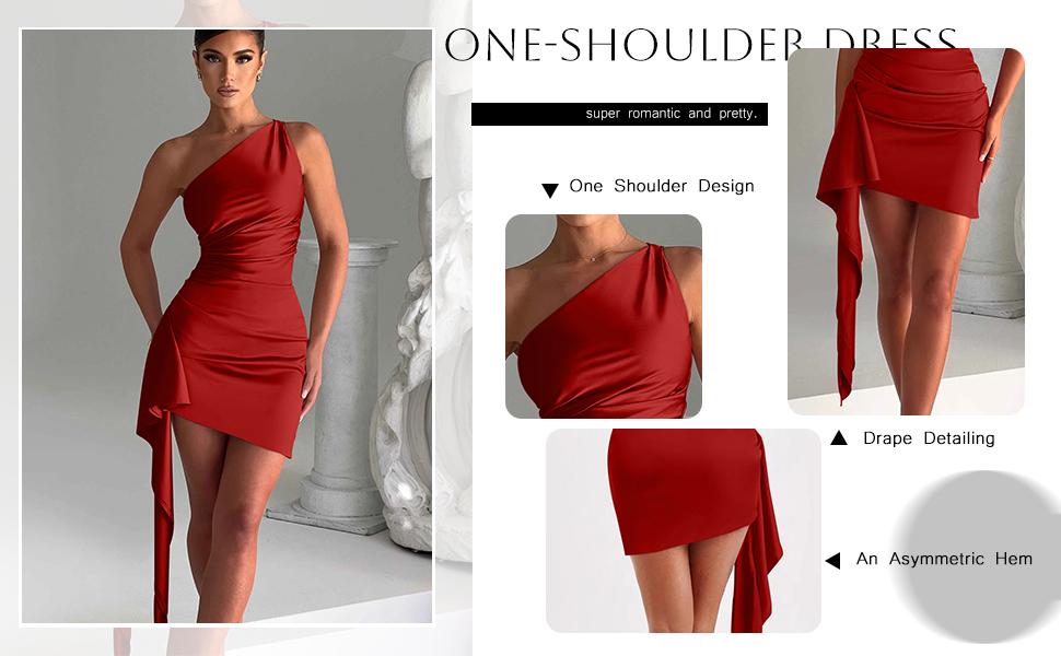 OYS Women's Satin One Shoulder Ruched Bodycon Sleeveless Mini Club Party Dress