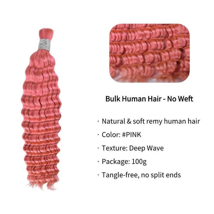 Deep Wave Bulk Human Hair #Pink Braiding Hair - Vibrant Pink Tone for Stylish Braids and Extensions