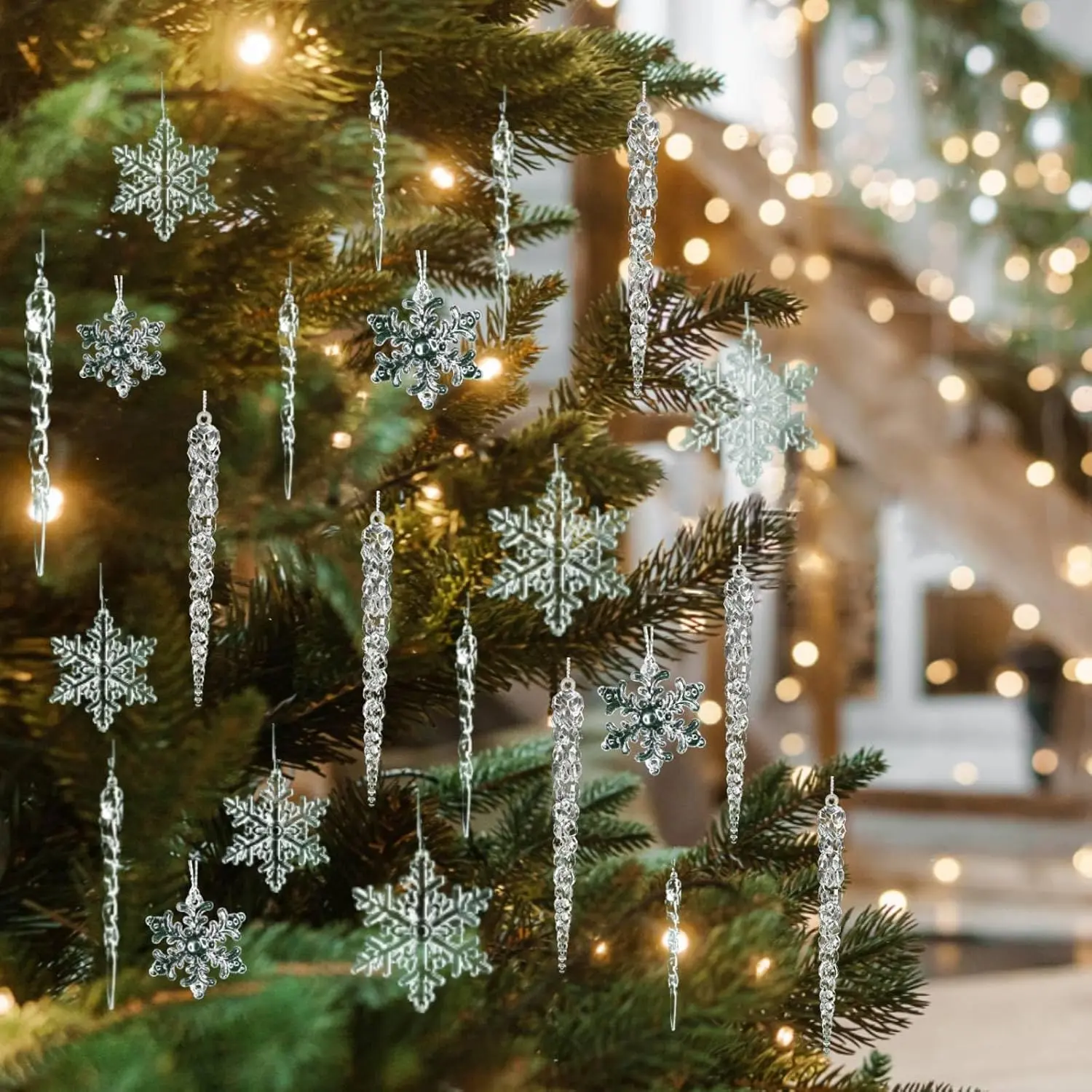 36pcs Christmas Crystal Ornaments Decoration, Hanging Christmas Snowflake Icicle Clear Acrylic Ornament Sets for New Year Wedding Winter Party Decor