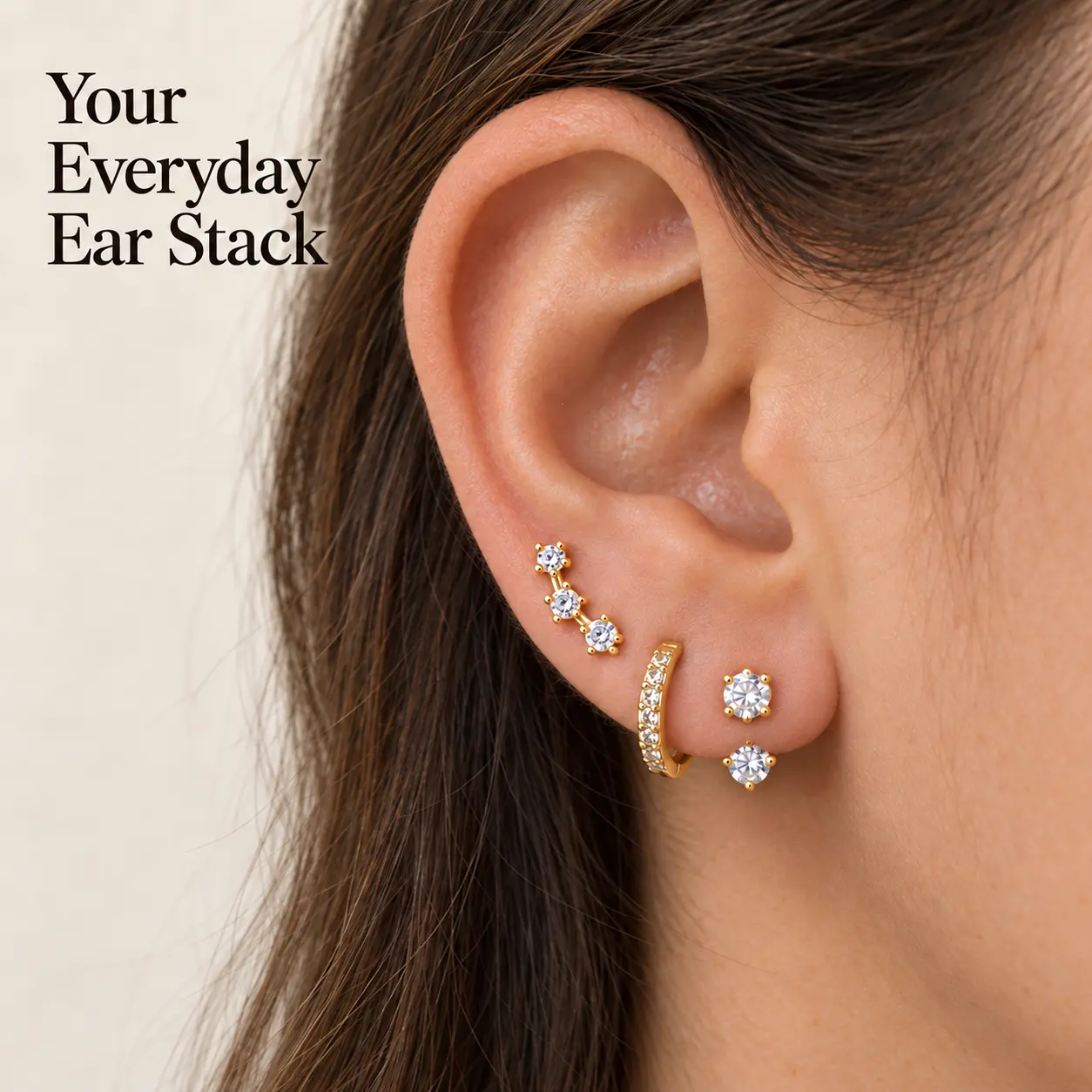 Earring Stack Set for Women, 3 Pairs of Cubic Zirconia Huggie Hoops, Climber Studs and Ear Jackets for Everyday Wear