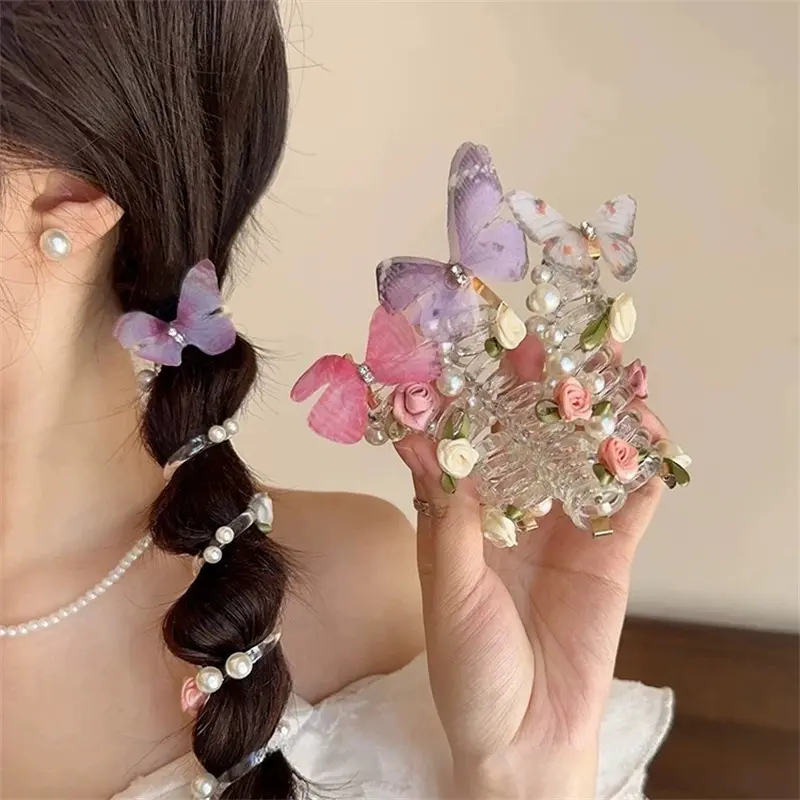 Fairy Butterfly Bling Hairbands & Scrunchies - Spiral Tulle Ponytail Holder with Crystal, Pearl & Rose Decor for Women Girls, Bling Hair Hairbands & Scrunchies, Braided Hair Tie Hairbands & Scrunchies