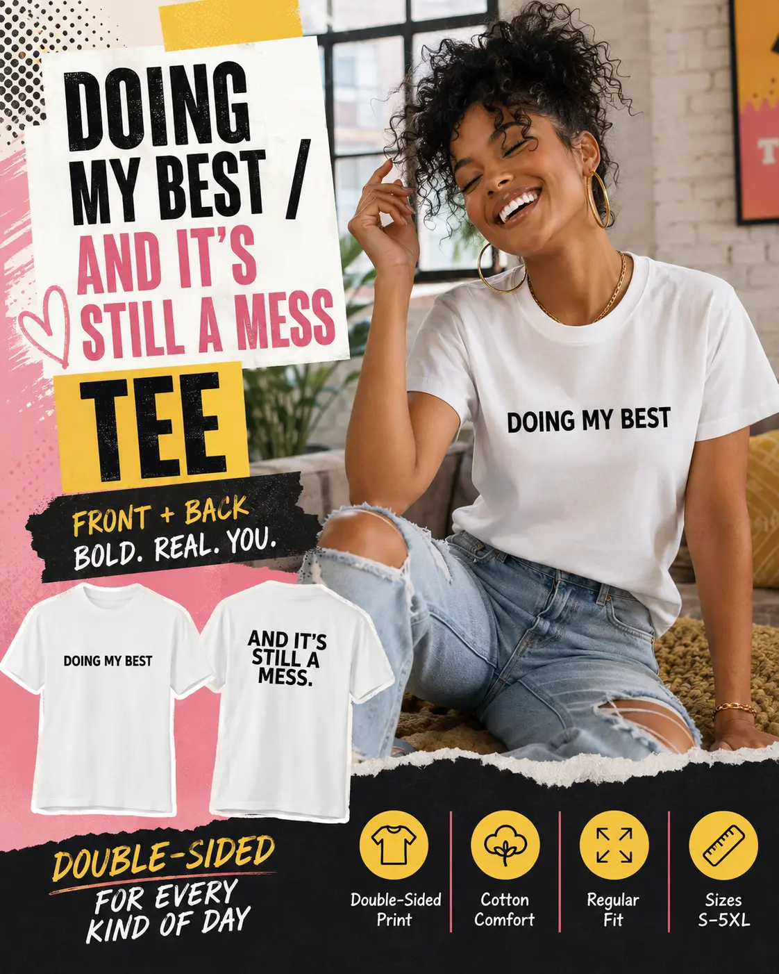 Funny Graphic Tee, Doing My Best Back Print T Shirt, Unisex Cotton Sarcastic T-Shirt