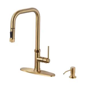 WOWOW Single-Handle Pull Down Sprayer Kitchen Faucet with Pull Out Spray Wand and Soap Dispenser in Brushed Gold