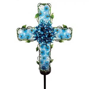 Solar Cross Garden Lights Outdoor Decorative - Solar Metal&Glass Cross Blue Hydrangea Flower Stake Lights-  20 Warm White LED for Remembrance Gifts