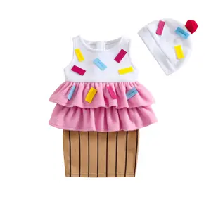 Toddler Baby Girl Halloween Outfit Ice Cream Costume Dress and Cap 2 Pcs Set Cute Cupcake Costume for Daily Life