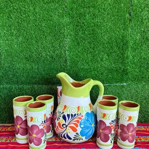 Decorated Clay Pitcher Verde Lima Set.