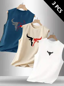 Men's Summer Casual Sleeveless Vest, Casual Tank Top, Cow Print Design, Outdoor Sports & Daily Wear, Fitted Style, Moderate Fabric, Pack of 3