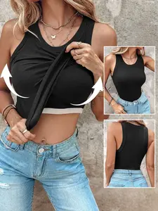 Sexy Ribbed Crop Tank Top with Padded Cups, Women's Sleeveless Crew Neck Workout Tank, Slim Fit Basic Camisole with Removable Bra Pads, High Elasticity Cropped Y2K Vest, Casual Daily & Gym Wear.