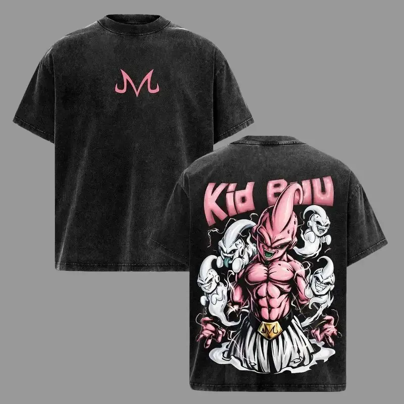 Men's DBZ Kid Buu Pink Villain Anime Graphic T-Shirt - Vintage Washed, Oversized Streetwear, Soft Cotton, Unisex Shortsleeve Casual Top for Anime Fans