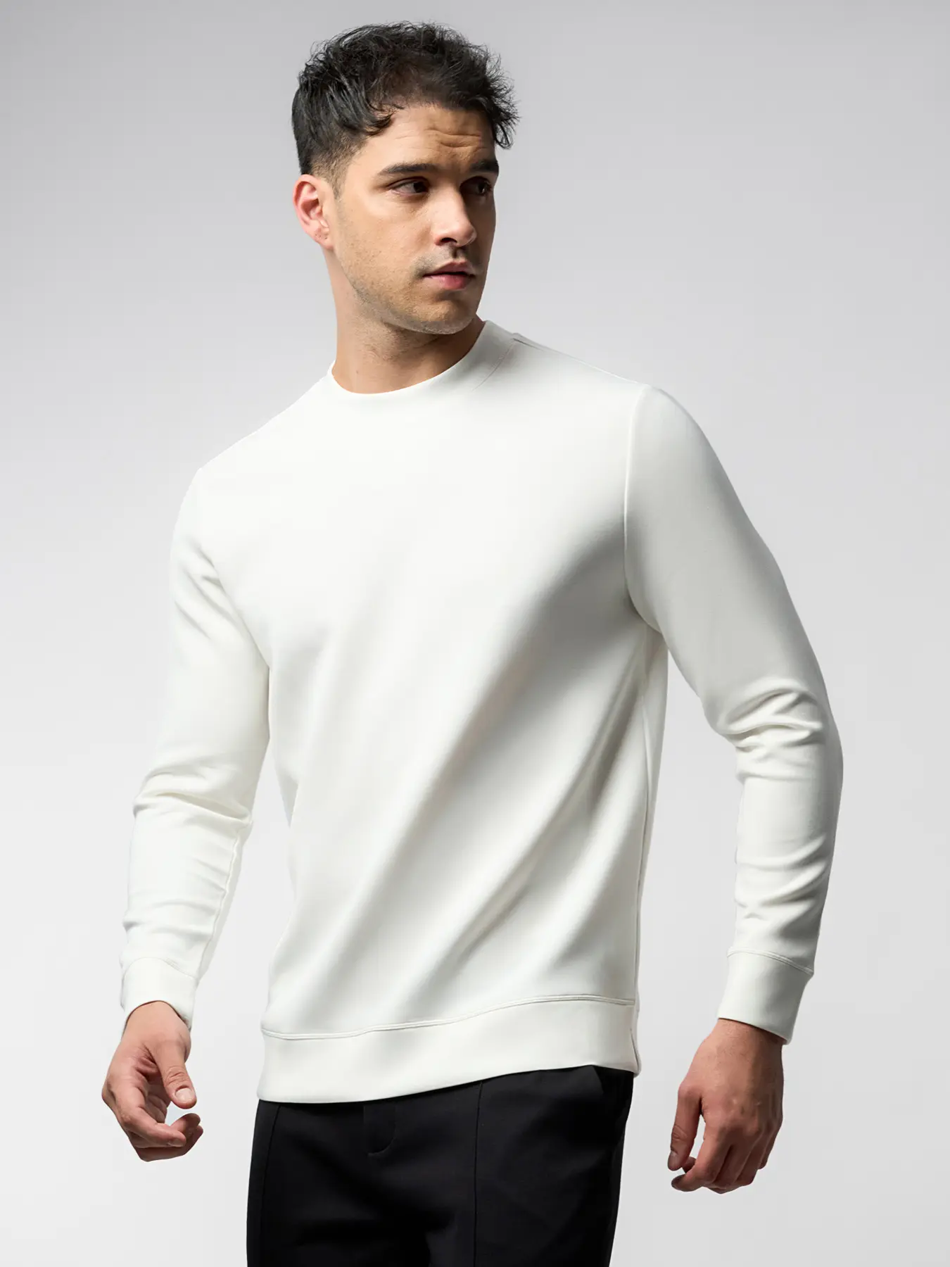 Fioboc Men's Modal Crewneck Sweatshirt - Long Sleeve Casual Top for Fall Winter, Wrinkle Resistant Soft Comfort White