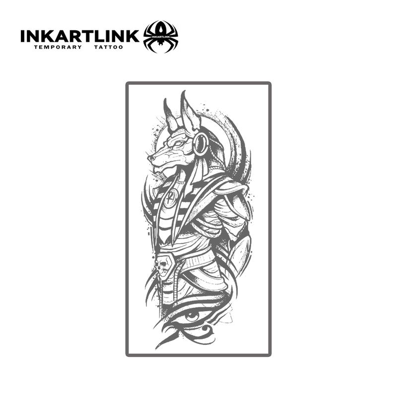 INKARTLINK Tattoo Tech, Anubis' Oath Series,2 Sheets Large Semi Permanent Tattoo, Adult Art Design Temporary Tattoos, Lasts 1-2 Weeks, Waterproof, Realistic Look, No Adhesive, No Reflection (Anubis Design)