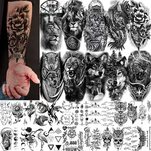 34 Sheets Large-Size Black Temporary Tattoos Stickers,Forearm Designs Featuring Tribal,Wolf,Tiger, Lion, Owl, Skeleton Skull,Temp Halloween Fake Tattoo Stickers, Rose, and Animals Waterproof