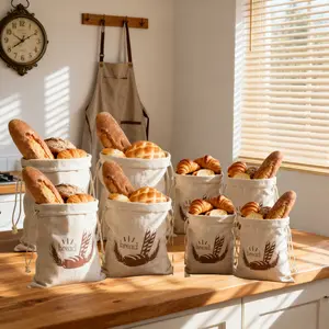Set of 4/8 Linen Bread Bags Bread Bag with Drawstring Bread Bag Storage Fresh Linen Bag Reusable Linen Bags for Bread Baguette Fruit Vegetables Leak Proof Drawstring Bag Essential Kitchen Accessory