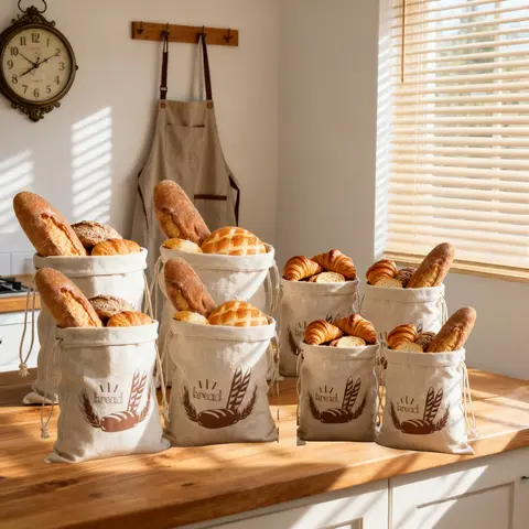 4 Linen (Flax) Reusable Bread Bags Set (4/8 Pcs) with Drawstring - Dustproof, Leak-Proof Kitchen Utensils Fabric Food Storage Containers, 4pcs Chemical-Free Home Accessory for Storing Bread, Machine Washable