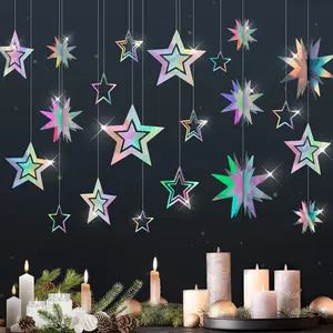 Star Garland Decorations Kit,Holographic Twinkle Little Stars Garlands Glitter 3D Star Garlands Star Hanging Streamer Backdrop Banner for Birthday  Shower Graduation Wedding Ramadan EID