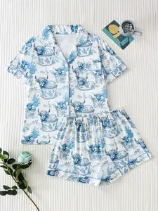 Two-Piece Blue and Porcelain Style Print Pajama Set, High-Quality Silk Fabric, Smooth and Comfortable, Elegant Women's Sleepwear