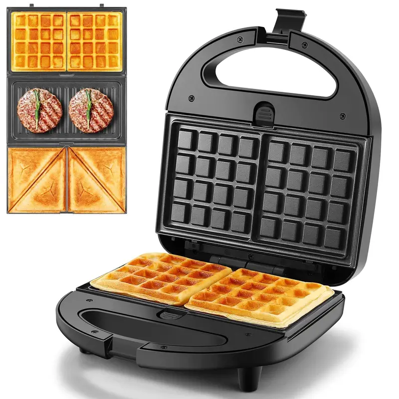 OSTBA 3-in-1 Multi-Cook Kitchen Appliance - 750W Electric Grill with Cooler-Touch Handle, Heating on Both Sides, Interchangeable Non-Stick Dishwasher Safe Plates, Compact Small Footprint Black Kitchen Appliance for Sandwiches, Steak