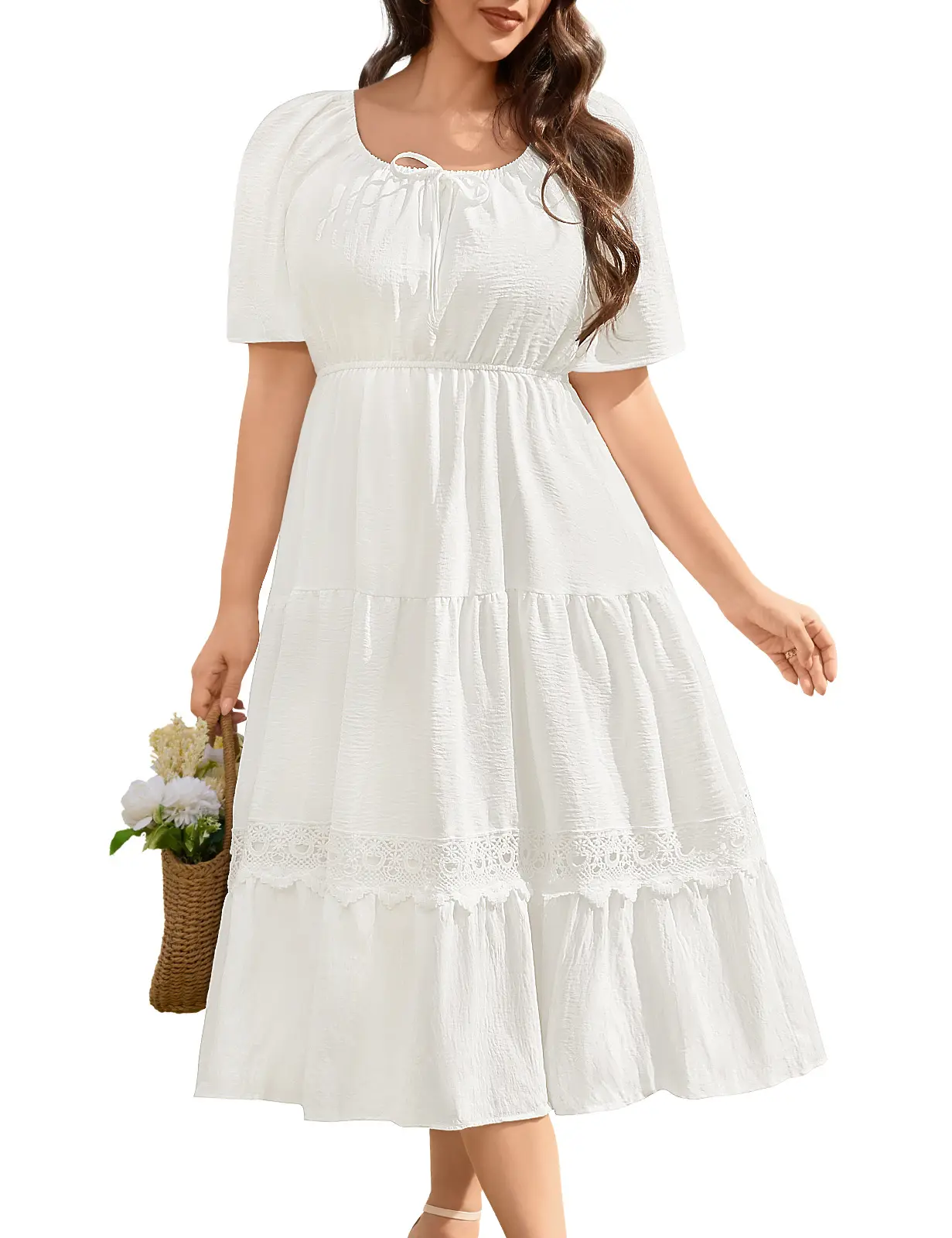 HEEKPEK Women's Plus Size Pure Cotton Casual Short-Sleeve Maxi Dress - Minimally Boho A-Line, Square Neck, Puff Drop Shoulder, Smocked Tie Front, Ruffle Feminine Plus Size Clothes Curvy Dress for Blogger Everyday Wear, Basic