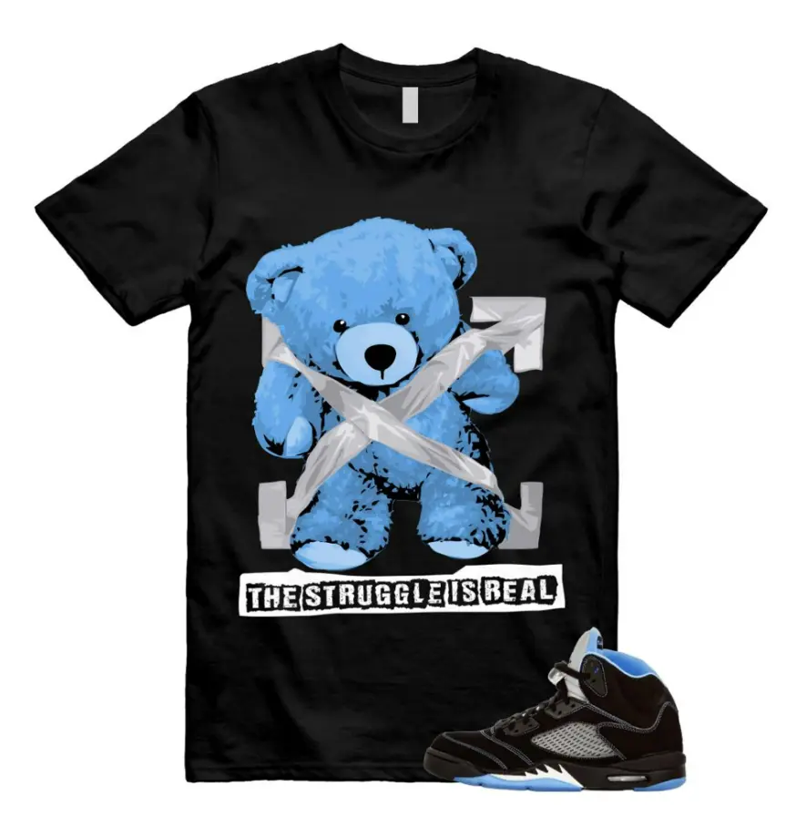 Bear Real Shirt To Match 5 Retro Black University Blue White 2026, Black/University Blue Sneaker Matching Shirt, Cotton Unisex Graphic T-Shirt