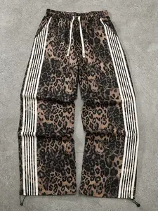 Y2K Leopard Print Track Pants with White Stripes, Streetwear Baggy Sweatpants for Men/Women, Elastic Waist Drawstring Casual Trousers, Retro 90s Hip Hop Fashion, Loose Fit Joggers for Street Style, TikTok Viral Aesthetic, Comfortable Soft Fabric,