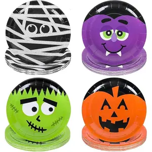 40 Pack Halloween Paper Plates 4 Design Pumpkin Frankenstein Bat Disposable Plates Colorful Round Tableware for Halloween Party Holiday Dinner Tableware Decoration Supplies, 9 Inch