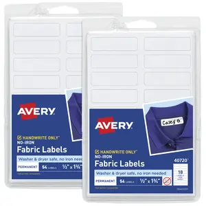 Avery No-Iron Fabric Labels, 1/2" x 1-3/4", Washer and Dryer-Safe, White, Non-Printable, 54 Labels Per Pack, 108 Blank Labels Total (2-Pack of 40720)