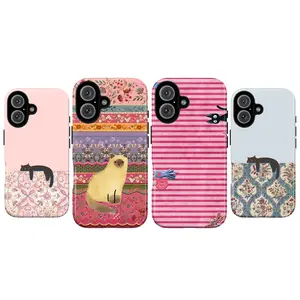 Cute Cat Floral Phone Case – Vintage Patchwork Pattern with Adorable Kitty Illustration, Soft Aesthetic Protective Cover, Compatible with iPhone 11, 12, 13, 14, 15 16 17 Pro Max & Samsung Galaxy S21–S24, Trendy Gift for Cat Lovers