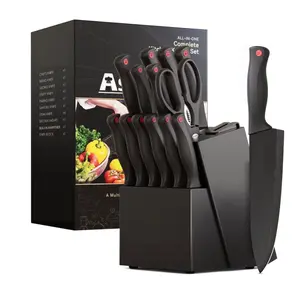 Premium 14-Piece Knife Block Set with Built-in Sharpener, German Stainless Steel Blades, Anti-Rust Coating, Dishwasher Safe – Black