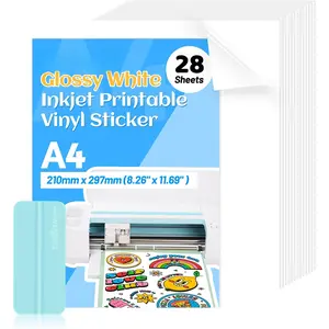 Printable Vinyl Sticker Paper for Inkjet Printer, Glossy White Inkjet Printable Sticker Paper, 8.26" x 11.69" A4 Size for Craft , Scrap-booking, Home Decor, 28 Sheets/Pack