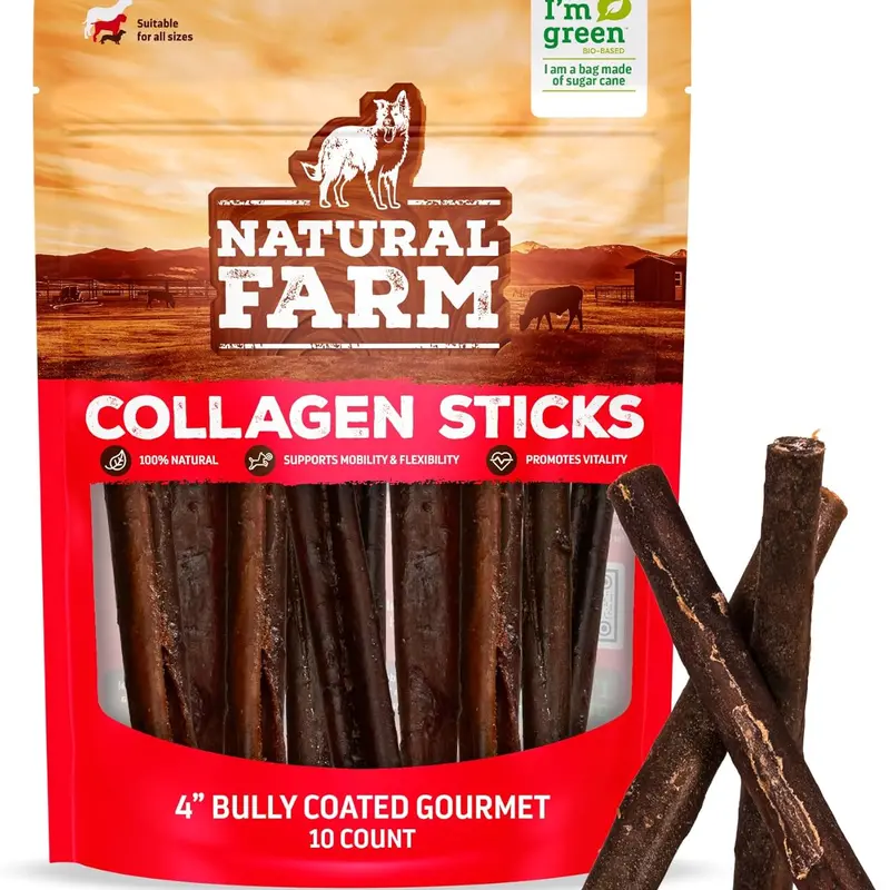 Natural Farm 4-in-1 Gourmet Collagen Chew Stick, Odor-Free Water-Resistant Rawhide Alternative Dog Treats - 10 Count, 95% Collagen, Premium Beef, 4in, Long-Lasting, Medium/Heavy, Joint Support, Endorphin Release, Supports Brain Health, Promotes Shiny Coat