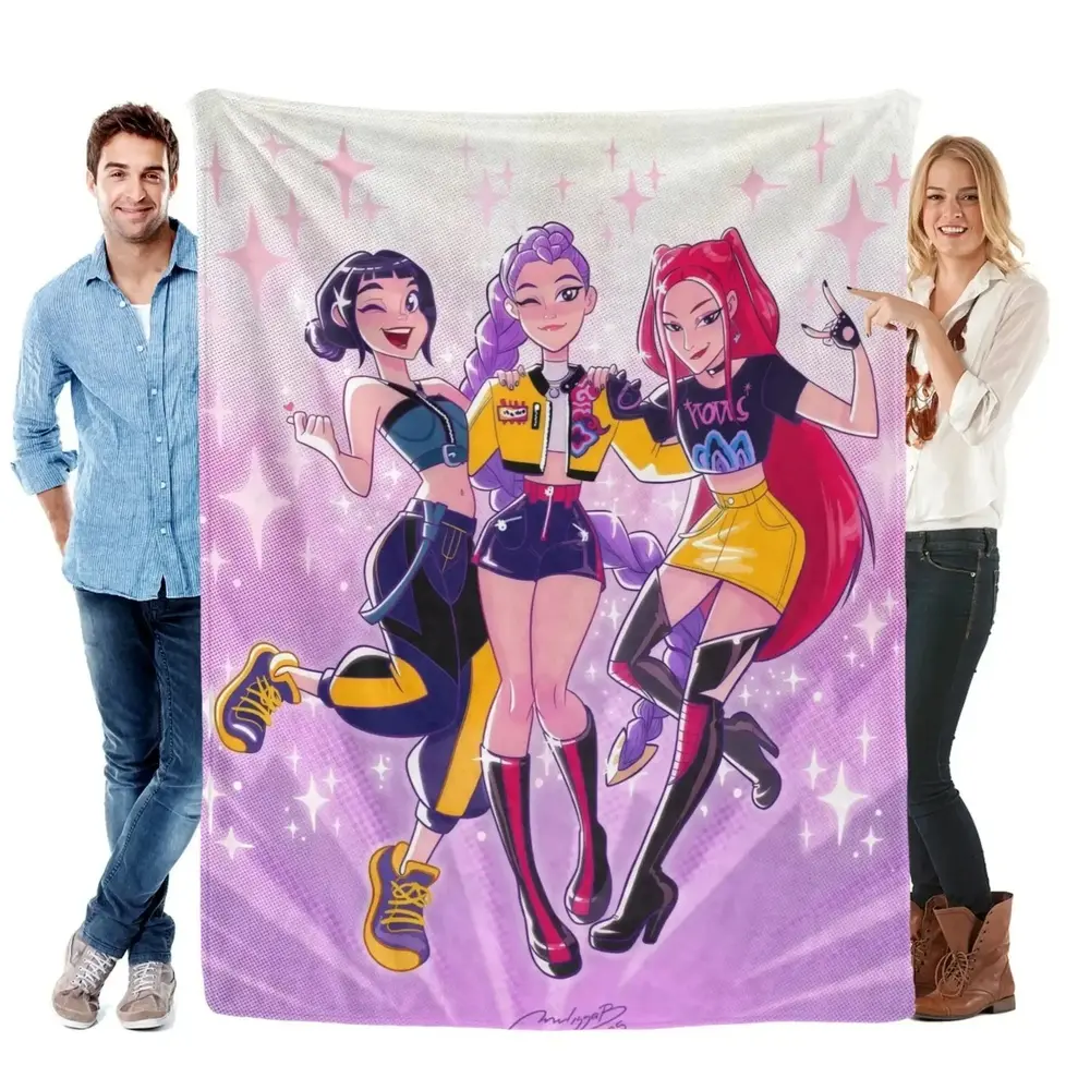 K-Pop Hunters Soft Warm Trendy Flannel Blanket Anime Style Girl Group Flannel Blanket for Fans Children Adults Cozy Plush Gift Bedroom Decor with Cute Character Color-Fillable Romantic Moonlit Roses