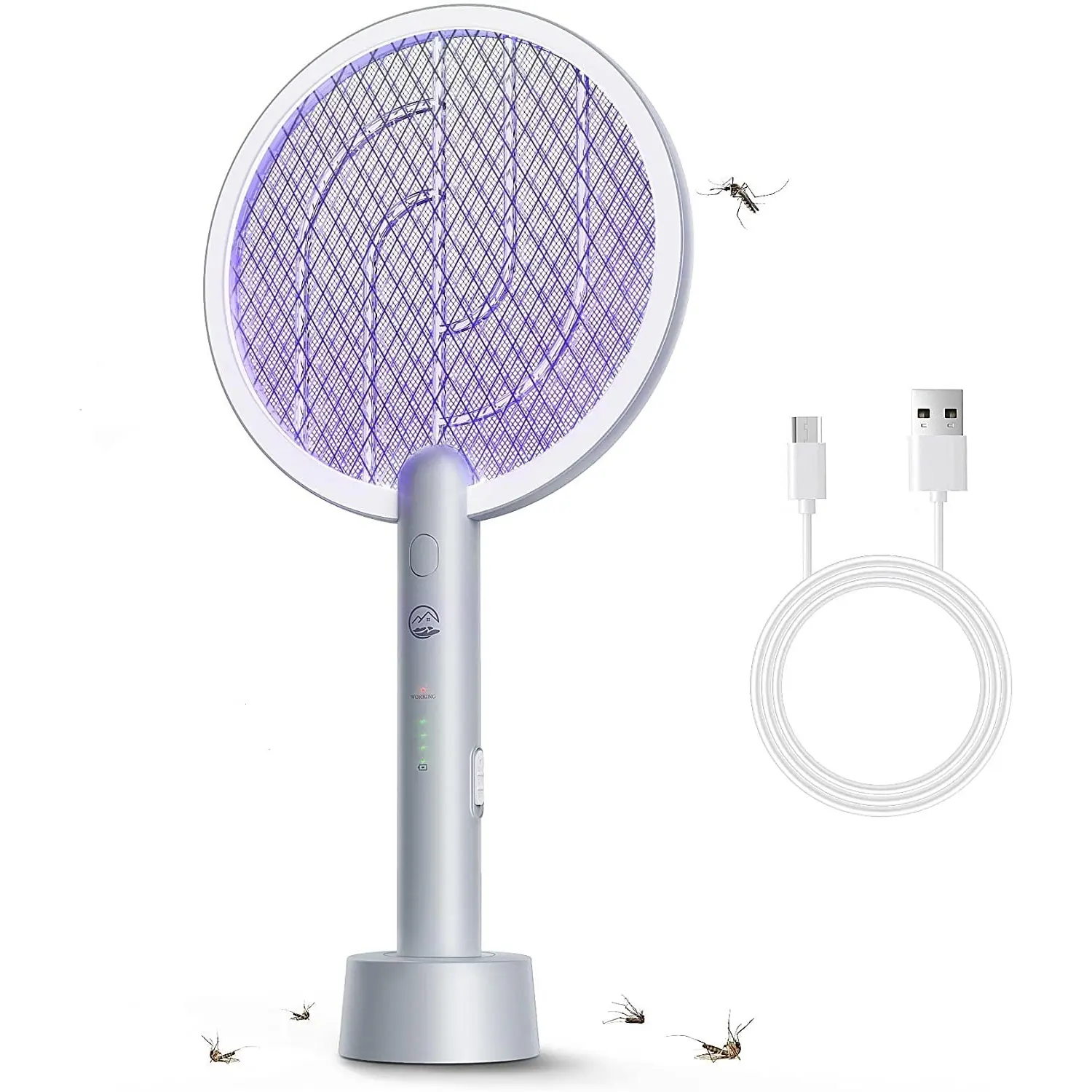 Electric Fly Swatter Racket with Base, 2 in 1 Mosquito Bug Zapper 4000V Handheld Mosquito Killer with 1800mAh Rechargeable Battery, Blue Light and 3-Layer Safety Mesh for Indoor Outdoor Home Patio Camp
