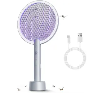 Electric Fly Swatter Racket with Base, 2 in 1 Mosquito Bug Zapper 4000V Handheld Mosquito Killer with 1800mAh Rechargeable Battery, Blue Light and 3-Layer Safety Mesh for Indoor Outdoor Home Patio Camp
