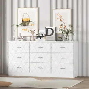 White 63'' Large Dresser for Bedroom with Power Outlet, 9 Drawers Dresser for Bedroom, Modern Chest of Drawers for Closet, Storage Organizer for Living Room, Hallway