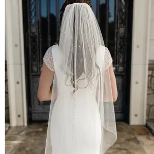 English Tulle Veil with Scattered Pearl Beads for Elegant Bridal Looks