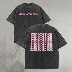 Unisex 230GSM Washed T-Shirt - "Jesus Loves You" Religious Pattern, Pink/Green Double-Sided Print, Crew Neck Church/Casual Wear Machine Washable Gift