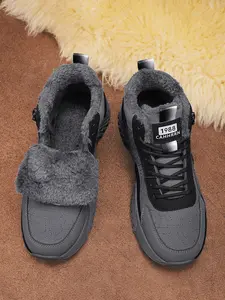 Men's Gray - Black Fleece - Lined High - Top Outdoor Shoes, Winter Functional Style, Leather + Fleece Material, Warm & Non - Slip, Comfortable on Feet, Ideal for Winter Outdoor Outings & Daily Outfits