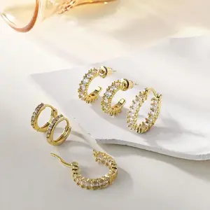 Three Pairs 14K Gold-Plated Hoop Earrings Gold Plated Earring Set Rhinestone Cubic Zirconia Hoop Earrings Chunky Small Gold-Plated Hoops Huggie Earring for Women Gold Jewelry for Woman