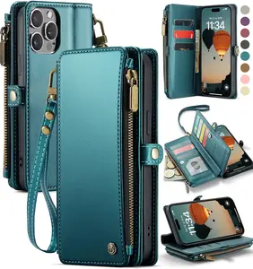 Compatible with  12 Pro Max Case Wallet with RFID Blocking Card Holder for Women Men, PU Leather  Snap Flip Zipper Strap Wallet Phone Case Fit for  12 Pro Max, Blue Green