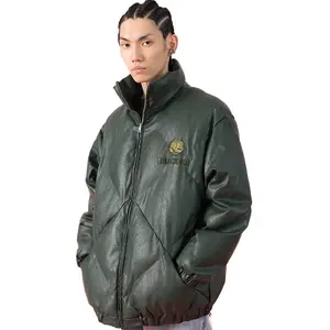 Windproof Leather Parkas Coats Embroidery Winter Jacket Men Solid Color All-match High Street Drawstring Zipper Outwear