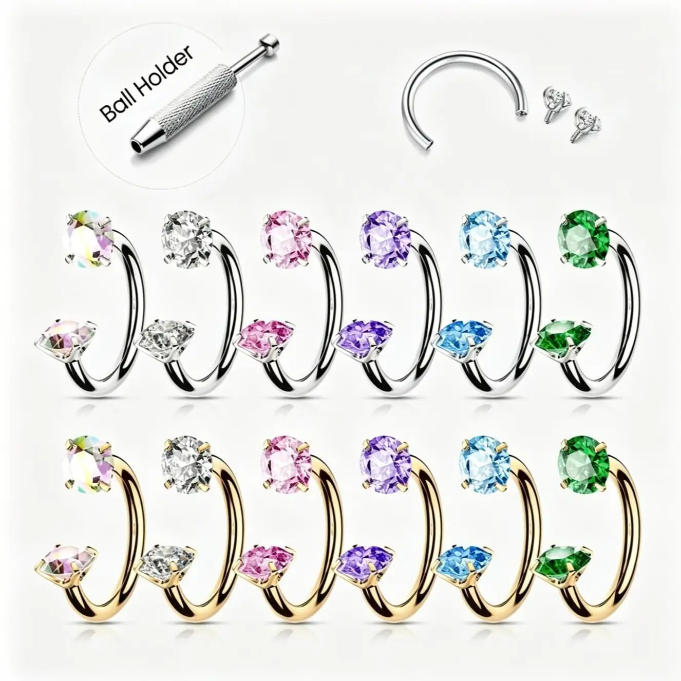 6pcs 18G 316L Titanium Internally Threaded Gemmed Horseshoe Nose Rings Value Pack - Free Ball Holder, Piercing Jewelry Holder & Guiding Tube for Nose Piercing, Daith Cartilage Helix Earrings