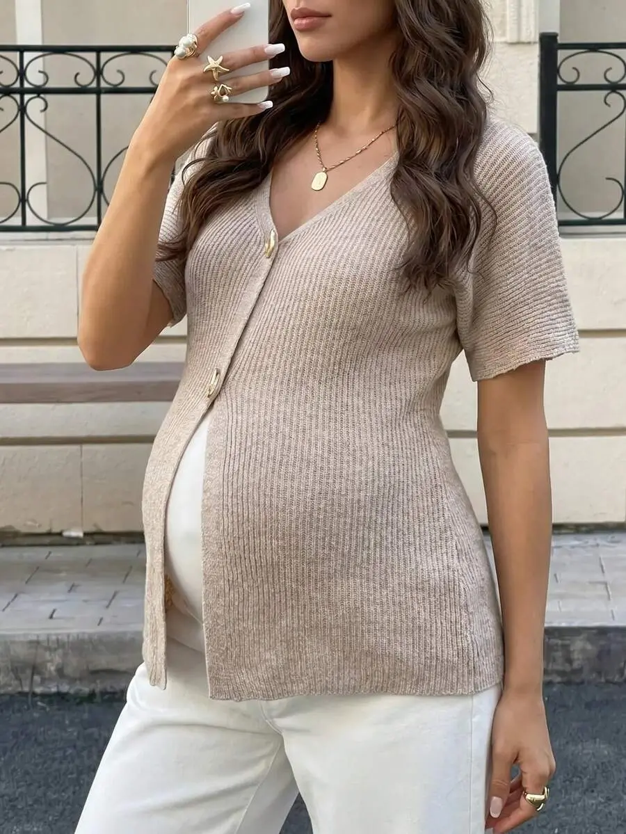 LYC Maternity Knit Short Sleeve Geometric Button Cardigan, Suitable For Daily Wear, Gatherings, Outdoor Activities, Business Casual, Autumn Photoshoot