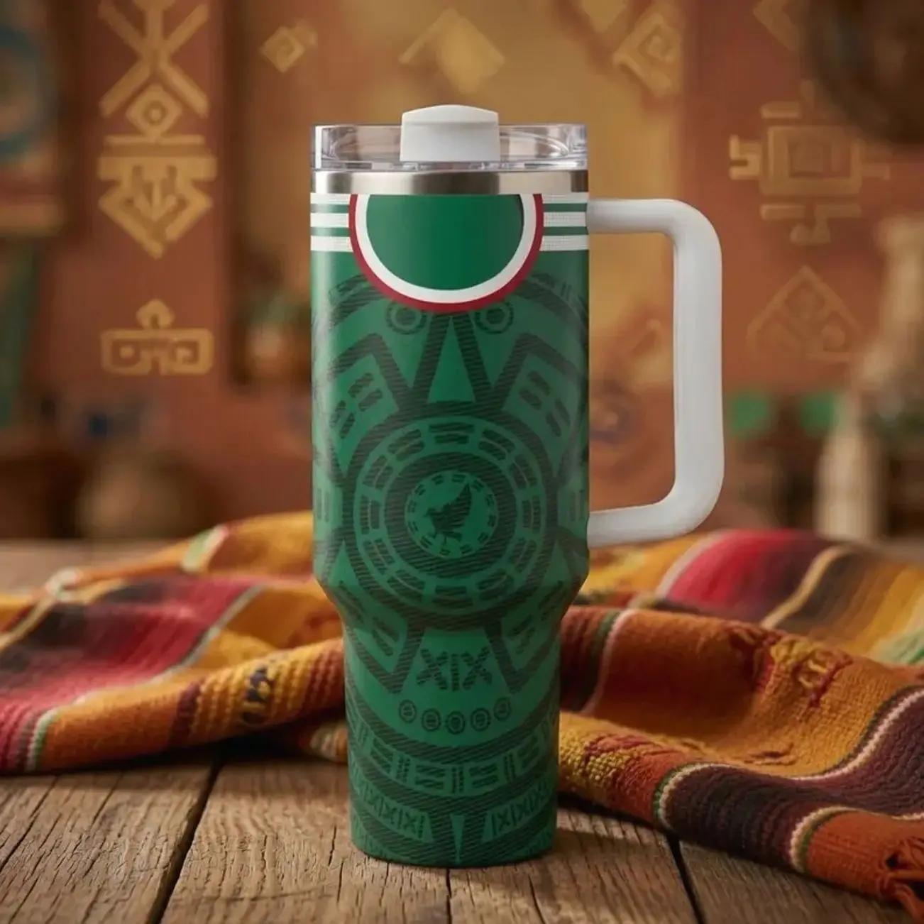 Green Tribal 40oz Tumbler, Aztec Inspired Travel Mug with Handle, Geometric Stainless Steel Cup, Double Wall Vacuum Insulated