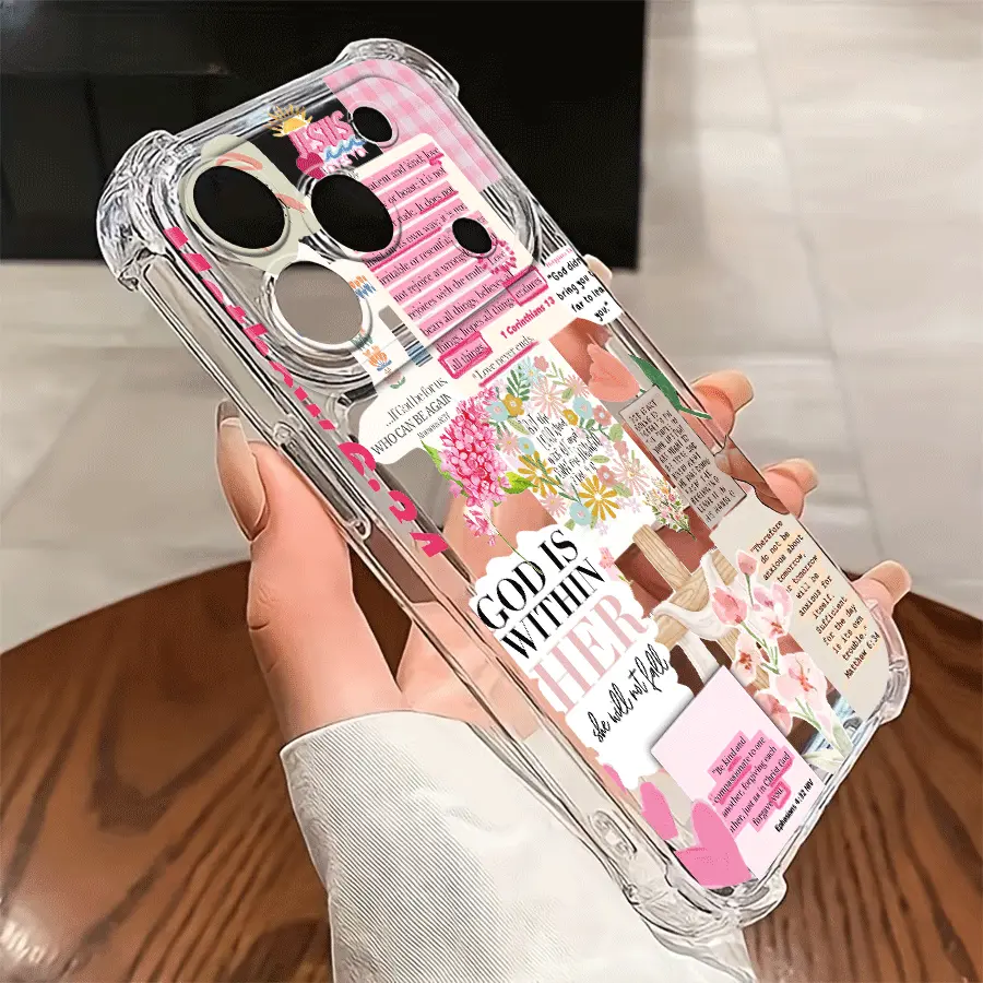 Religious Floral TPU Phone Case for iPhone 11-17 Pro Max, Transparent Electroplated Blush Pink Cover for Christian Users, Multi-Model 4-Corner Airbag Shockproof Accessory with "God Is Within Her" Bible Verse, Smartphone, Handheld