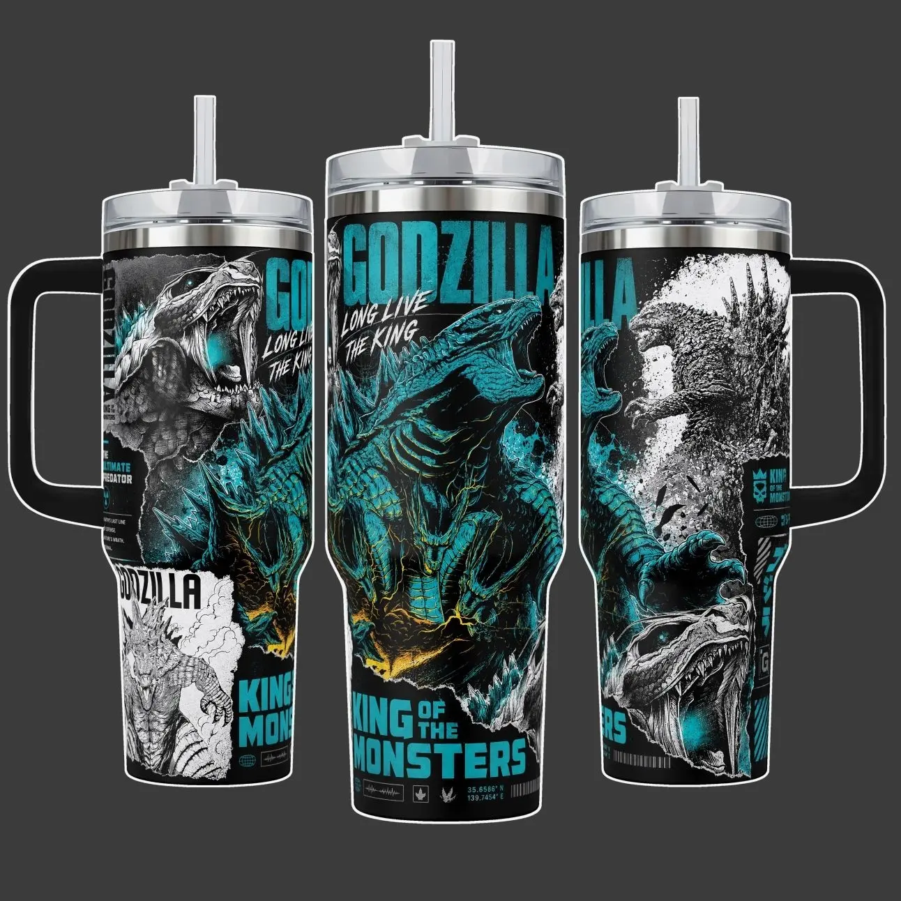 Godzilla King of the Monsters Kaiju Tumbler Cup, Blue Black Monster Full Wrap Stainless Steel Insulated Tumbler 20oz/40oz With Straw Lid Included, 40oz Handle Option